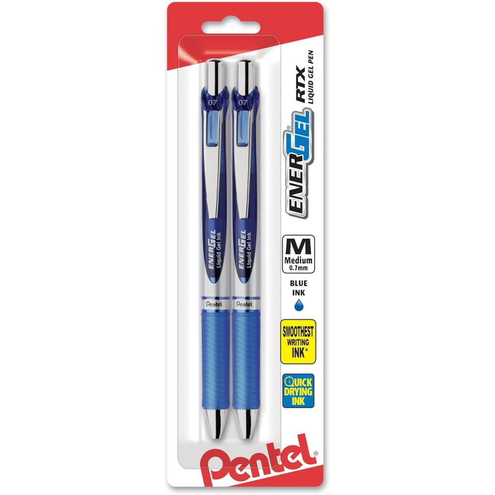 imagePentel EnerGel RTX Retractable Liquid Gel Pen 07mm Medium Line Metal Tip Green Ink Pack of 2 BL77BP2DBlue