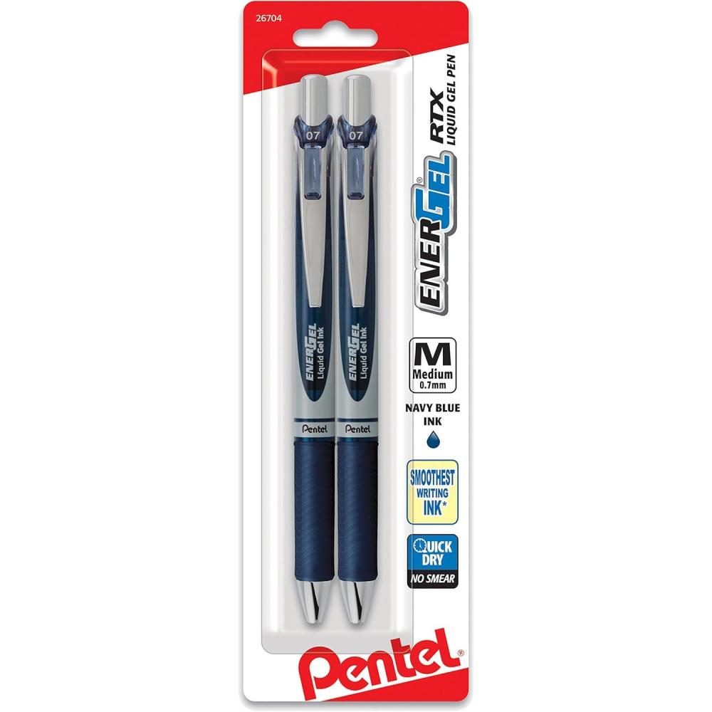 imagePentel EnerGel RTX Retractable Liquid Gel Pen 07mm Medium Line Metal Tip Green Ink Pack of 2 BL77BP2DNavy Blue
