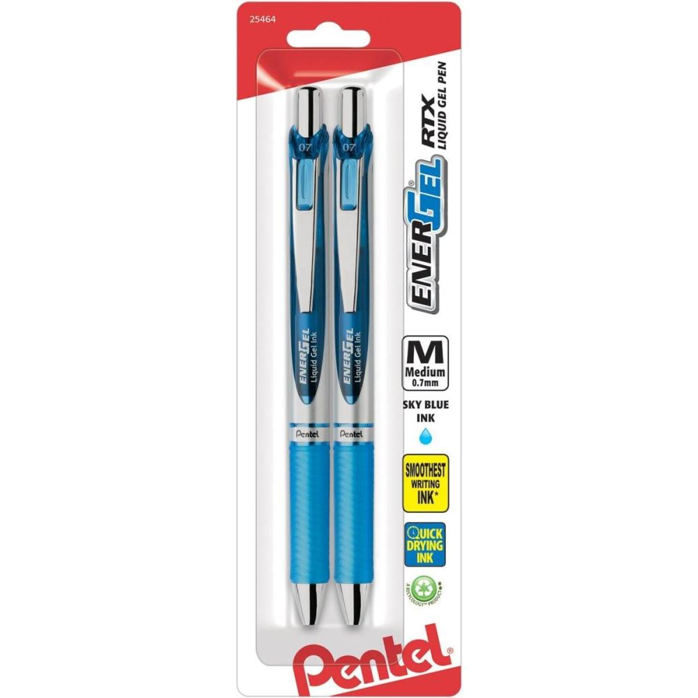 imagePentel EnerGel RTX Retractable Liquid Gel Pen 07mm Medium Line Metal Tip Green Ink Pack of 2 BL77BP2DSky Blue