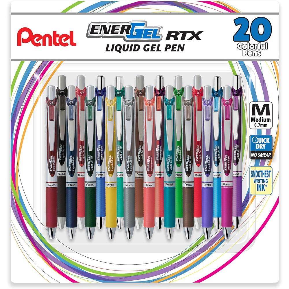 imagePentel EnerGel RTX Retractable Liquid Gel Pen 07mm Medium line Assorted Ink Pack of 20 BL77BP20M20 Count Pack of 1