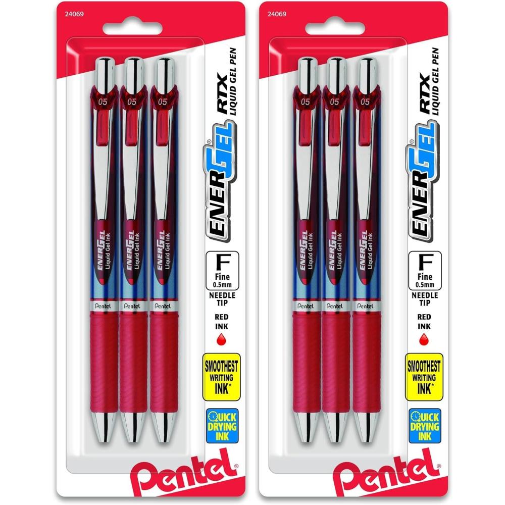 imagePentel EnerGel RTX Retractable Liquid Gel Pens Fine Point 05mm 54 Recycled Assorted Barrel Colors Red Ink Pack Of 3 PansRed