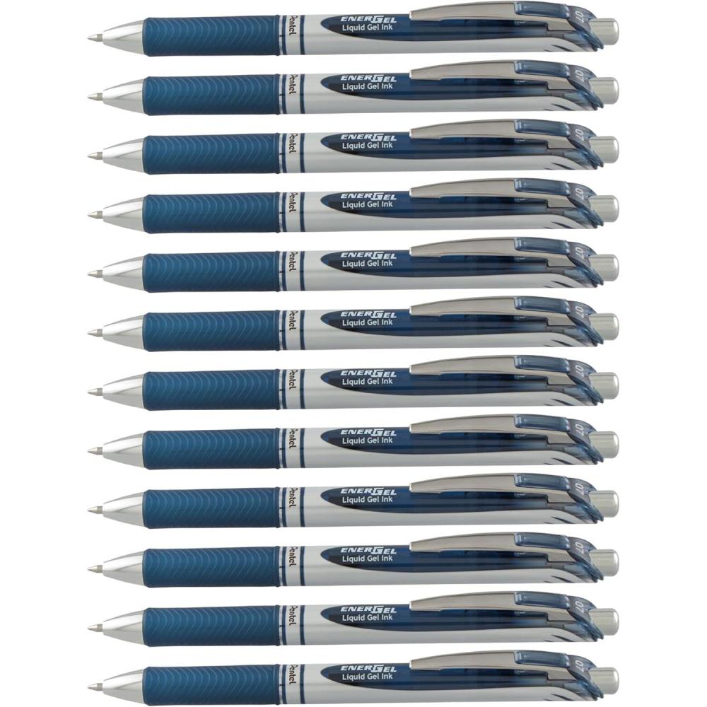 imagePentel EnerGel Retractable Liquid Gel Pens Medium Point 07 mm Silver Barrel 12 Black Ink pens the Ultimate writing pens the Best Writing Pens for office school and journaling Pack of 12Navy Blue