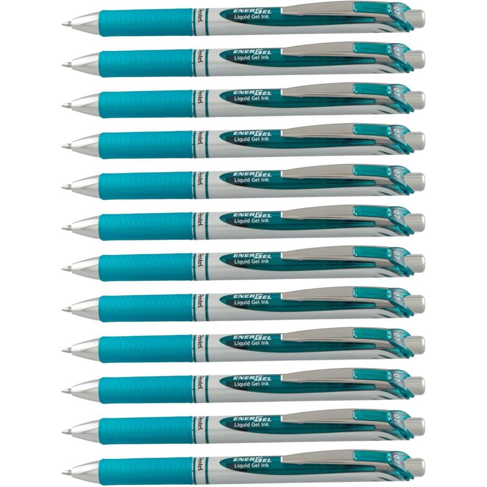 imagePentel EnerGel Retractable Liquid Gel Pens Medium Point 07 mm Silver Barrel 12 Black Ink pens the Ultimate writing pens the Best Writing Pens for office school and journaling Pack of 12Turquoise