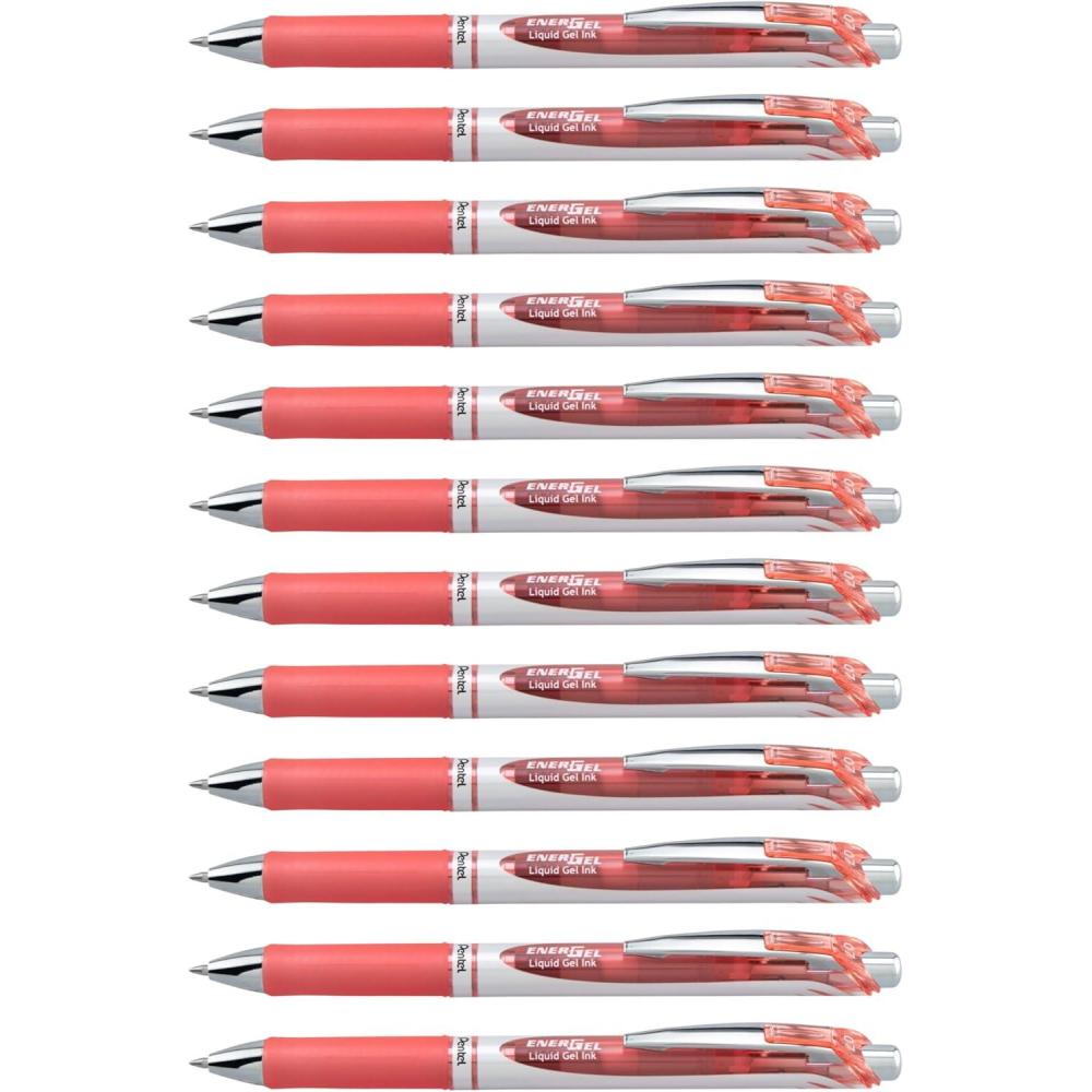 imagePentel EnerGel Retractable Liquid Gel Pens Medium Point 07 mm Silver Barrel 12 Black Ink pens the Ultimate writing pens the Best Writing Pens for office school and journaling Pack of 12Coral Pink