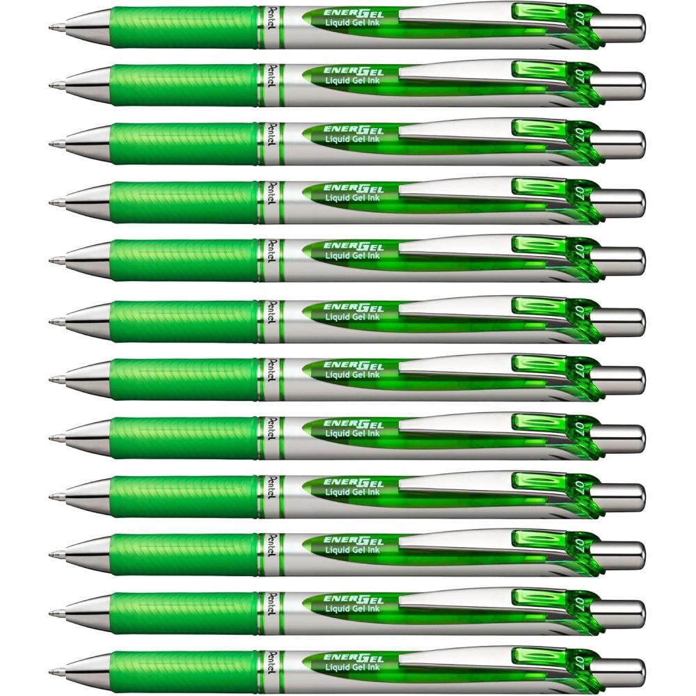 imagePentel EnerGel Retractable Liquid Gel Pens Medium Point 07 mm Silver Barrel 12 Black Ink pens the Ultimate writing pens the Best Writing Pens for office school and journaling Pack of 12Lime Green