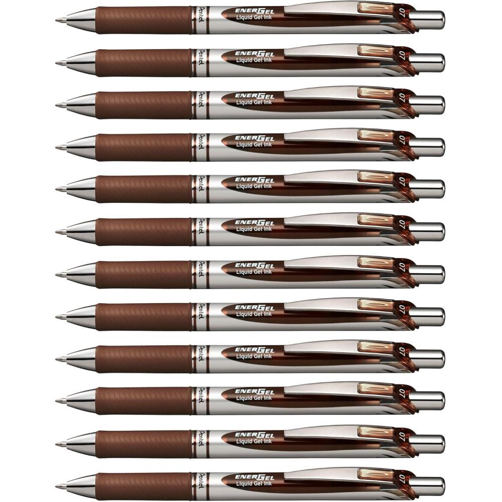 imagePentel EnerGel Retractable Liquid Gel Pens Medium Point 07 mm Silver Barrel 12 Black Ink pens the Ultimate writing pens the Best Writing Pens for office school and journaling Pack of 12Brown