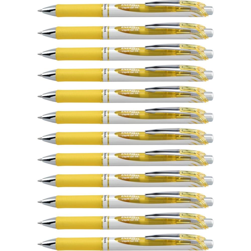 imagePentel EnerGel Retractable Liquid Gel Pens Medium Point 07 mm Silver Barrel 12 Black Ink pens the Ultimate writing pens the Best Writing Pens for office school and journaling Pack of 12Yellow