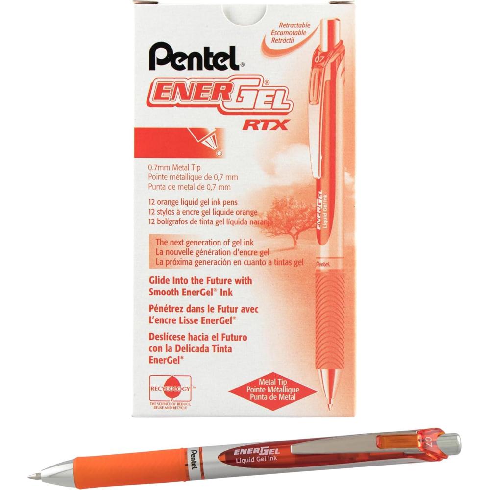 imagePentel EnerGel Retractable Liquid Gel Pens Medium Point 07 mm Silver Barrel 12 Black Ink pens the Ultimate writing pens the Best Writing Pens for office school and journaling Pack of 12Orange
