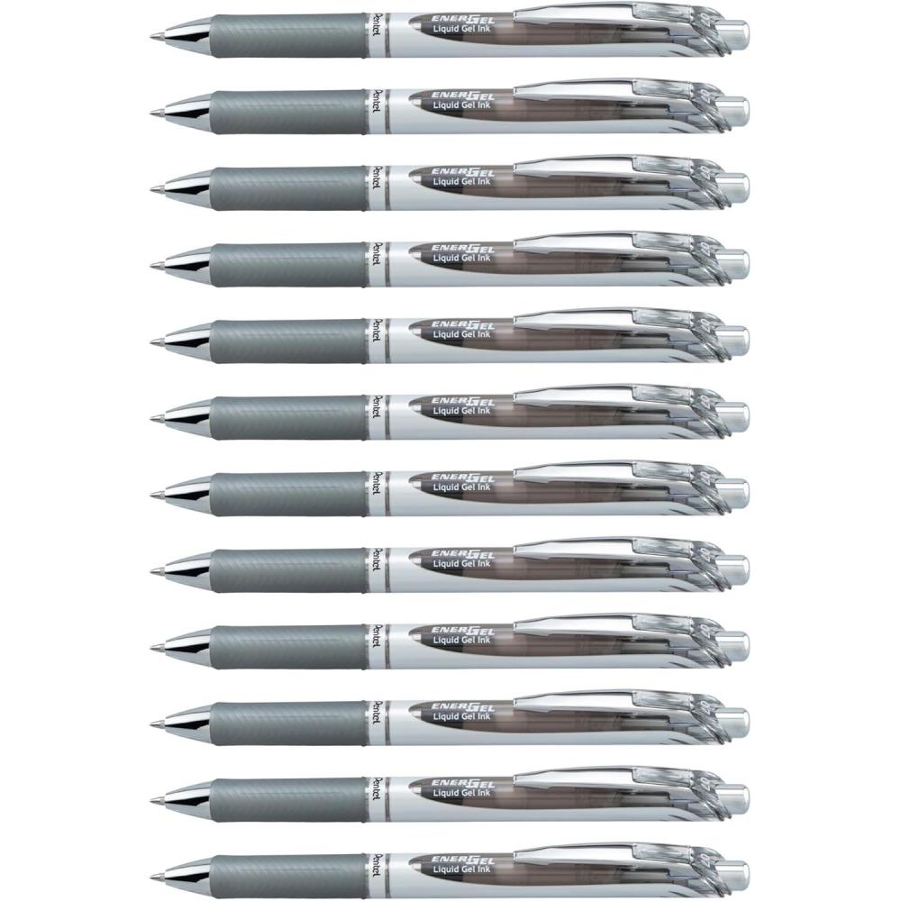 imagePentel EnerGel Retractable Liquid Gel Pens Medium Point 07 mm Silver Barrel 12 Black Ink pens the Ultimate writing pens the Best Writing Pens for office school and journaling Pack of 12Gray