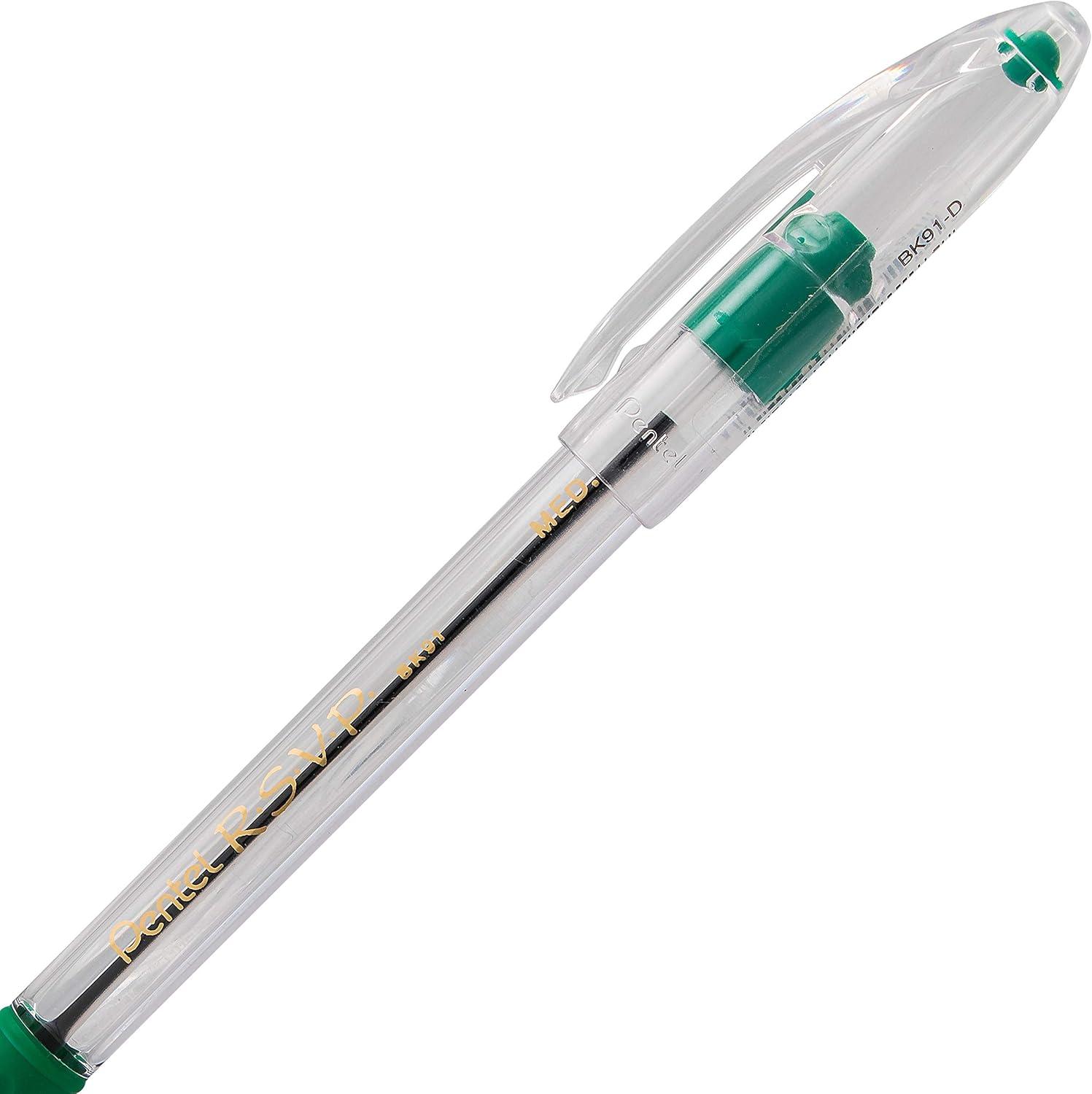 imagePentel BK91C RSVP Stick Ballpoint Pen 1mm Trans Barrel Blue Ink DozenGreen