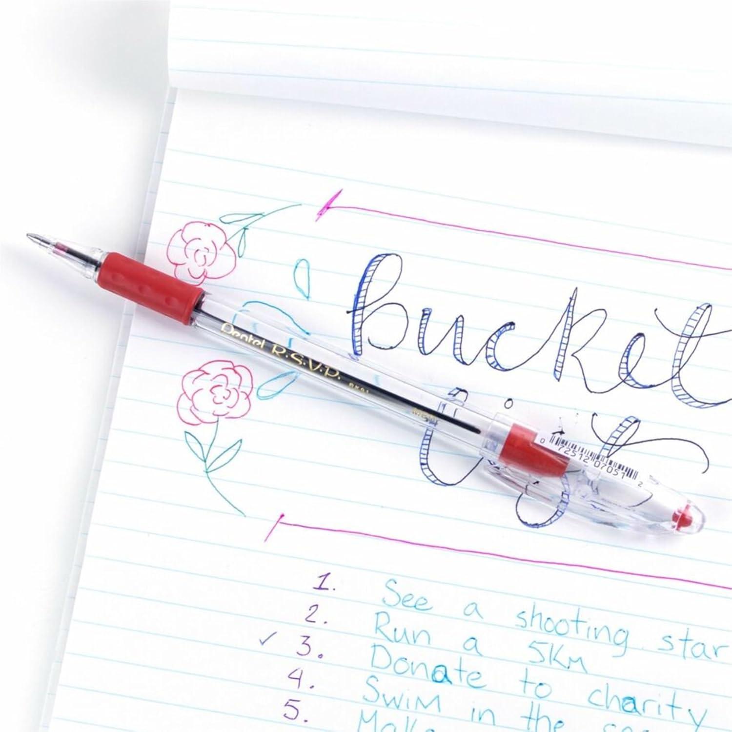 imagePentel BK91C RSVP Stick Ballpoint Pen 1mm Trans Barrel Blue Ink DozenRed