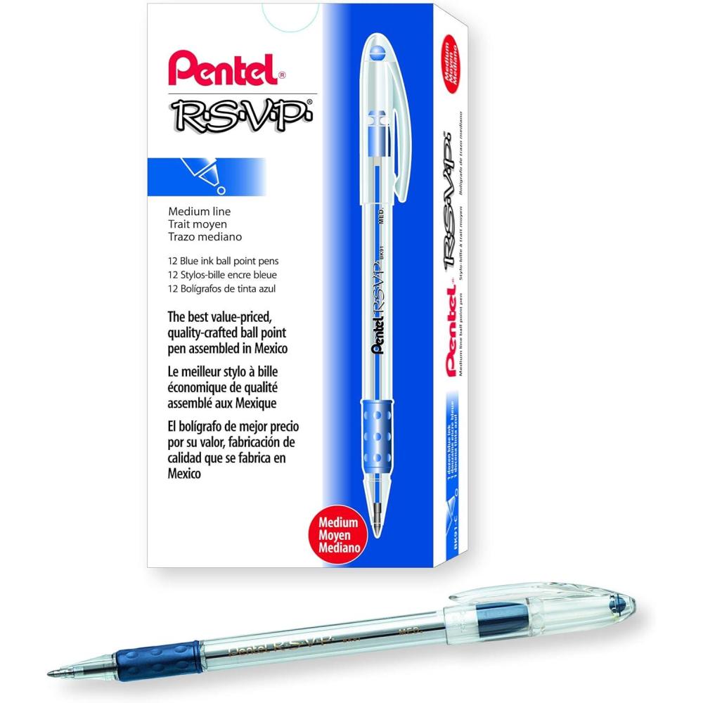 imagePentel BK91C RSVP Stick Ballpoint Pen 1mm Trans Barrel Blue Ink DozenBlue