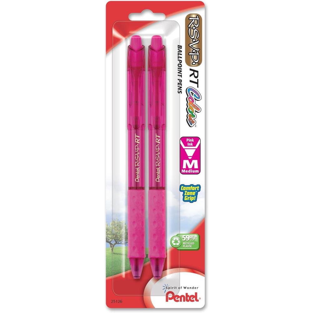 imagePentel RSVP RT Colors New Retractable Ballpoint Pen Medium Line Blue Ink 6 Pack BK93CRBP6CPink