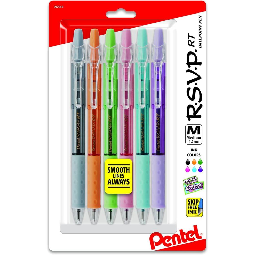 imagePentel RSVP RT Pastel Barrel Retractable Ballpoint Pen 10mm Med Assorted Ink 6Pk