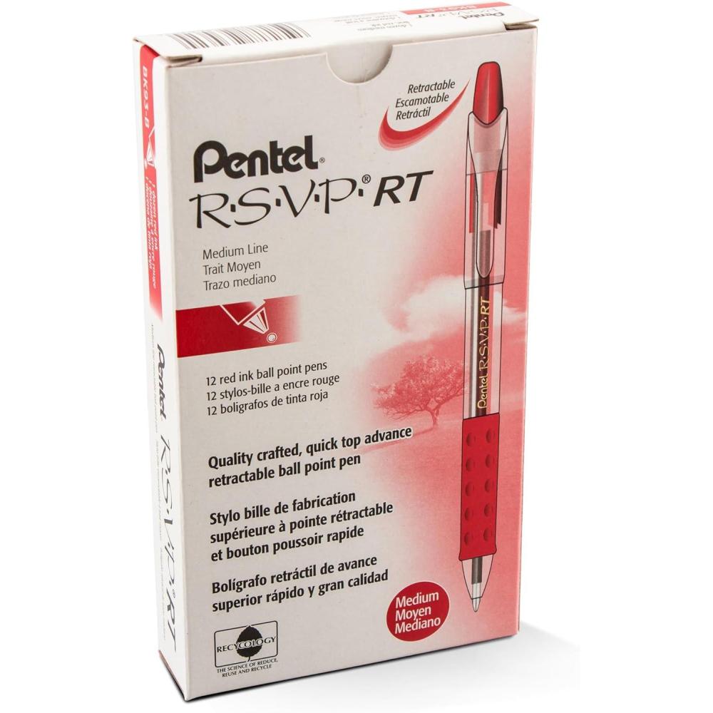 imagePentel RSVP RT Retractable Ballpoint Pens Medium Point 10 mm 61 Recycled Transparent Black Barrel Black Ink Pack Of 12 PensRed
