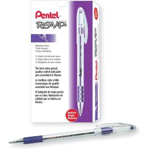 Pentel BK91C R.S.V.P. Stick Ballpoint Pen, 1mm, Trans Barrel, Blue Ink, Dozen(Purple)
