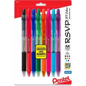 Pentel R.S.V.P. RT Colors New Retractable Ballpoint Pen, Medium Line, Blue Ink, 6 Pack (BK93CRBP6C)(assorted)