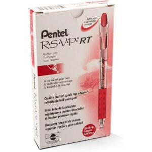 Pentel® R.S.V.P.® RT Retractable Ballpoint Pens, Medium Point, 1.0 mm, 61% Recycled, Transparent Black Barrel, Black Ink, Pack Of 12 Pens(Red)