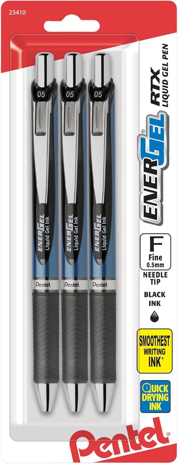 imagePentel EnerGel RTX Retractable Liquid Gel Pen 05mm Fine Line Metal Tip Assorted Ink Colors Pack of 5 BLN75BP5MBlack