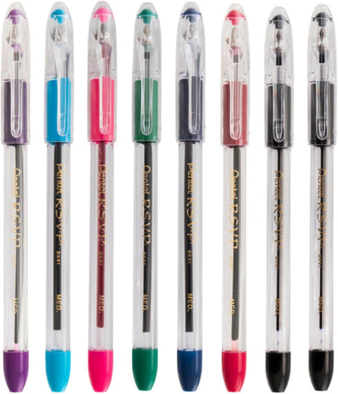 imagePentel RSVP Original Ballpoint Pen 10mm Medium Line Assorted Ink Colors Clear Barrel 8 Pack with Bonus Black Ink Pen