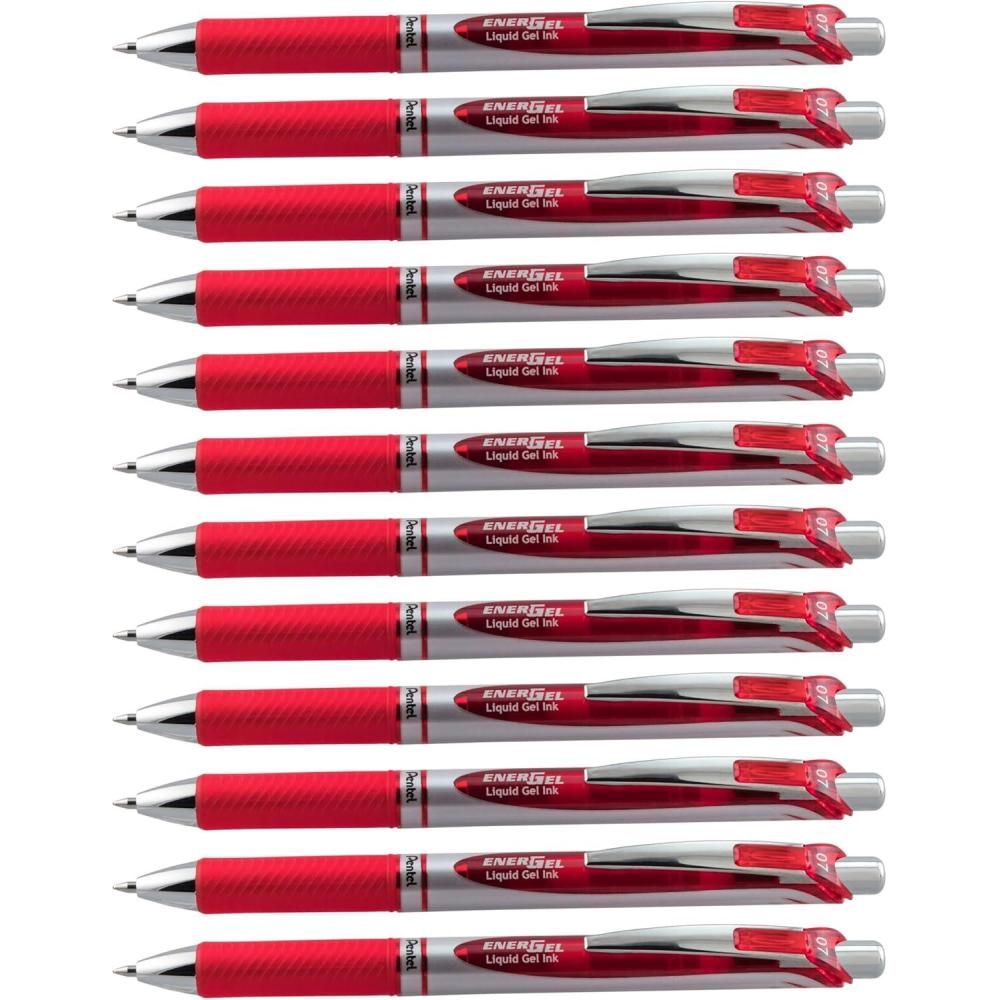 imagePentel EnerGel Deluxe RTX Gel Pen Medium Metal Tip RedSilver Barrel Red Ink Box of 12 BL77B