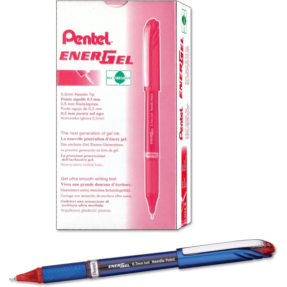 imagePentel EnerGel NV Gel Ink Pen 05mm Fine Point Capped Needle Tip Black Ink Box of 12 BLN25ARed