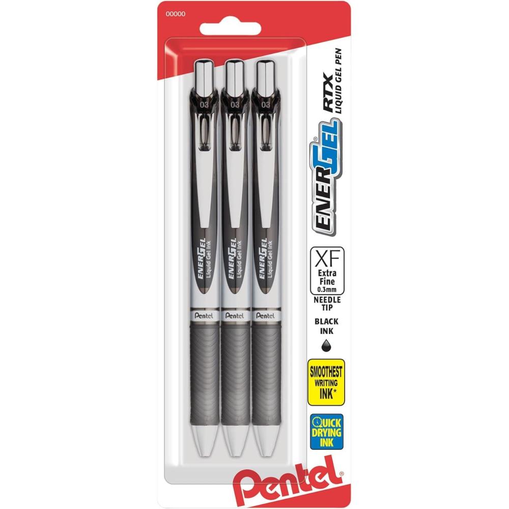 imagePentel EnerGel RTX Pens 03 mm Needle Point Black Ink Pack Of 3Black