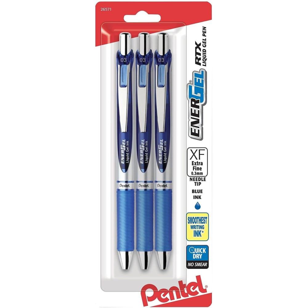 imagePentel EnerGel RTX Pens 03 mm Needle Point Black Ink Pack Of 3Blue