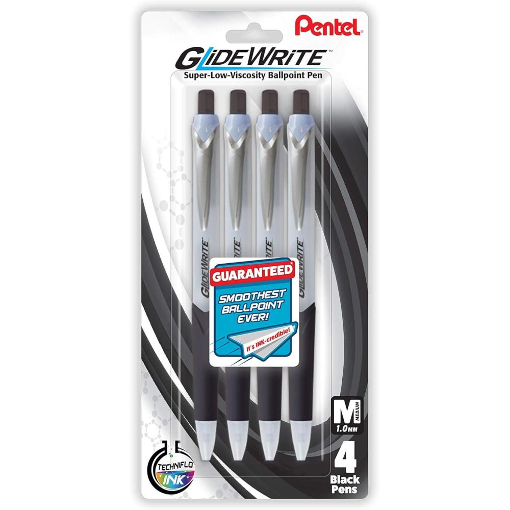 imagePentel Pens GlideWrite Ballpoint Pen with TechniFLO Ink 4 Pack of BLACK Ink Pens 10mm with Retractable Barrel Design Easy Grip ampamp Smooth Writing Metal Tip Medium point pen