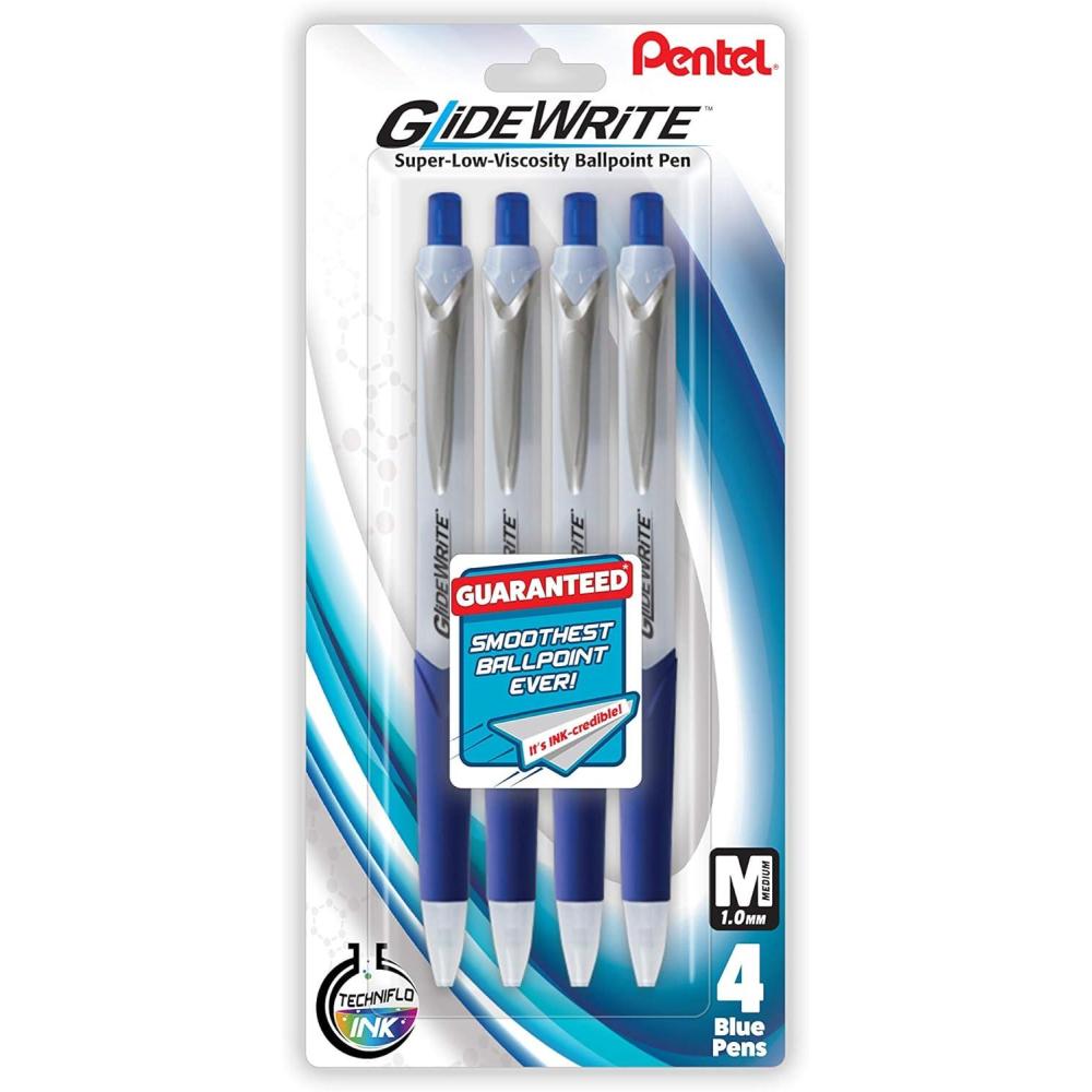 imagePentel Pens GlideWrite Ballpoint Pen with TechniFLO Ink  4 pack of BLUE Ink Pens 10mm with Retractable Barrel Design  Easy Grip ampamp Smooth Writing Metal Tip Medium point penblue and black i