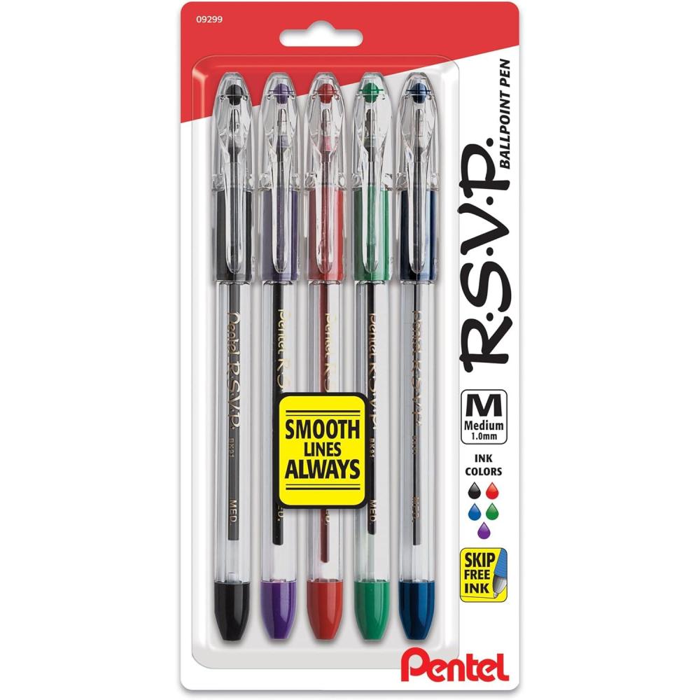 imagePentel RSVP Ballpoint Pen 10mm Medium Line Black Ink Pack of 5 BK91BP5AAssorted
