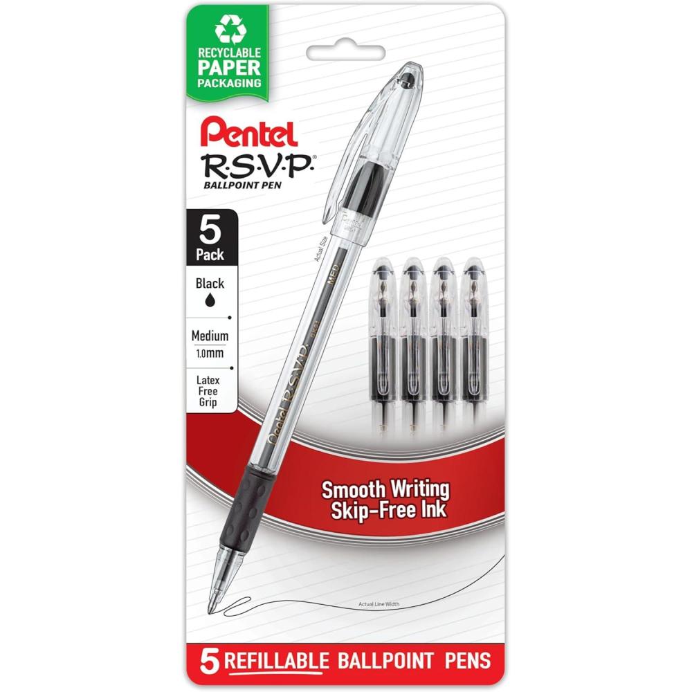 imagePentel RSVP Ballpoint Pen 10mm Medium Line Black Ink Pack of 5 BK91BP5ABlack