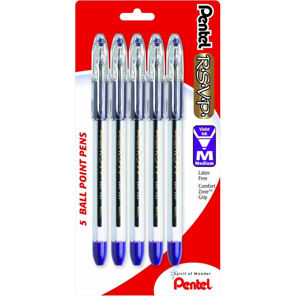 imagePentel RSVP Ballpoint Pen 10mm Medium Line Black Ink Pack of 5 BK91BP5AViolet
