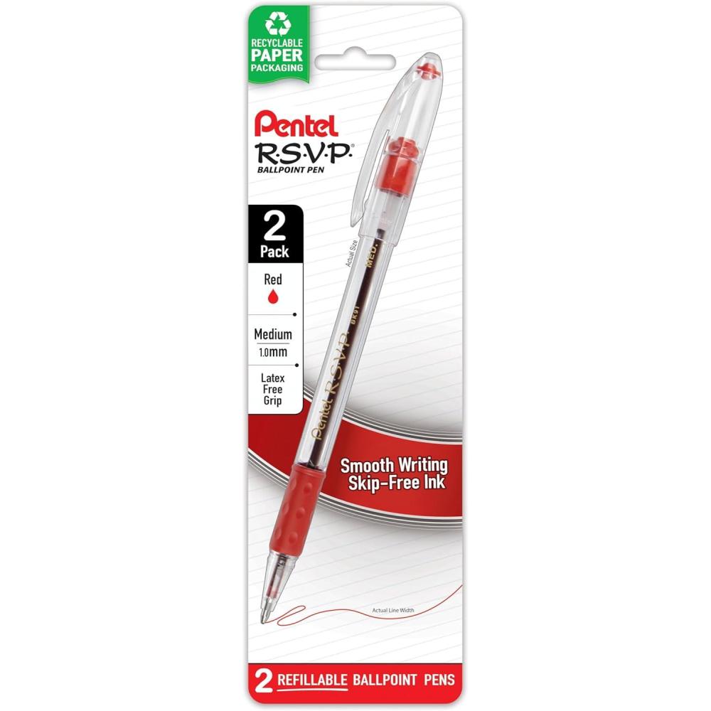 imagePentel RSVP Ballpoint Pen Medium Line Red Ink 2Pack BK91BP2BRed