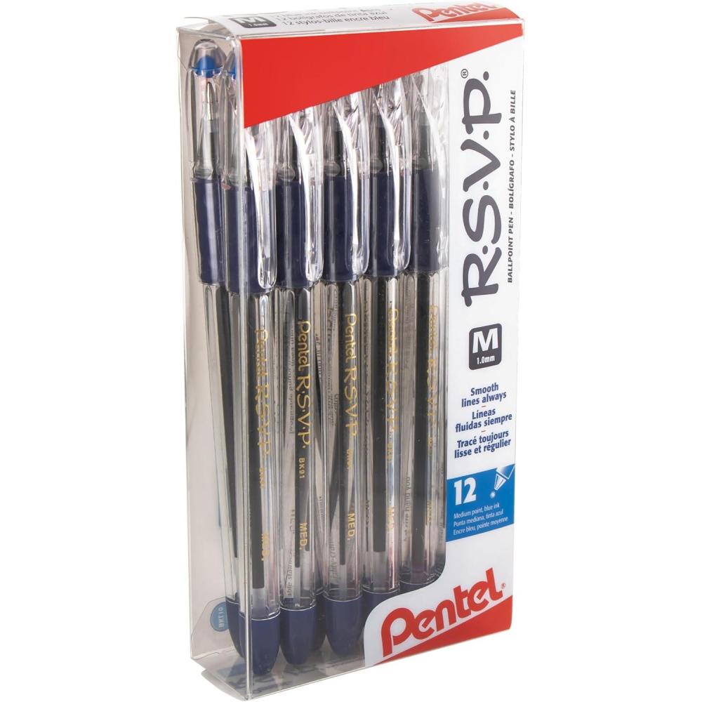 imagePentel RSVP Ballpoint Pens Medium Point 10 mm Clear Barrel Blue Ink Pack Of 121 Count Pack of 12