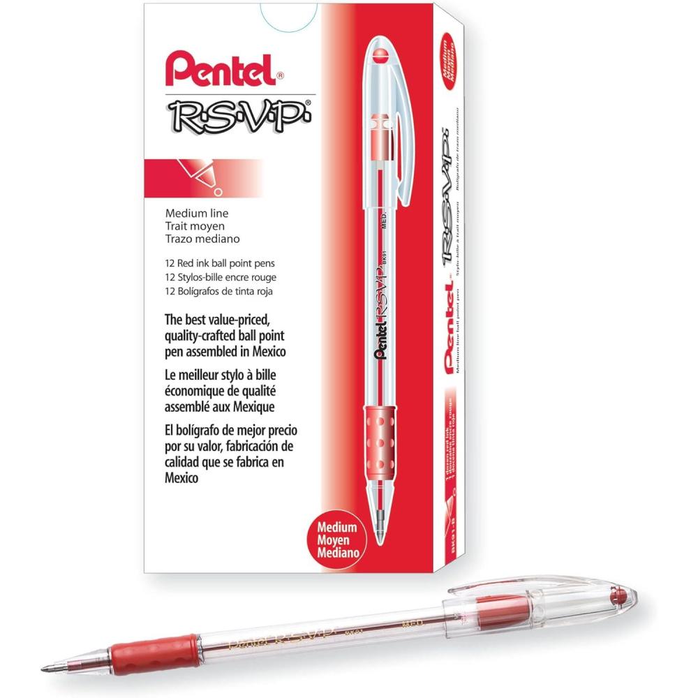 imagePentel RSVP Ballpoint Pens Medium Point 10 mm Clear Barrel Red Ink Pack Of 12