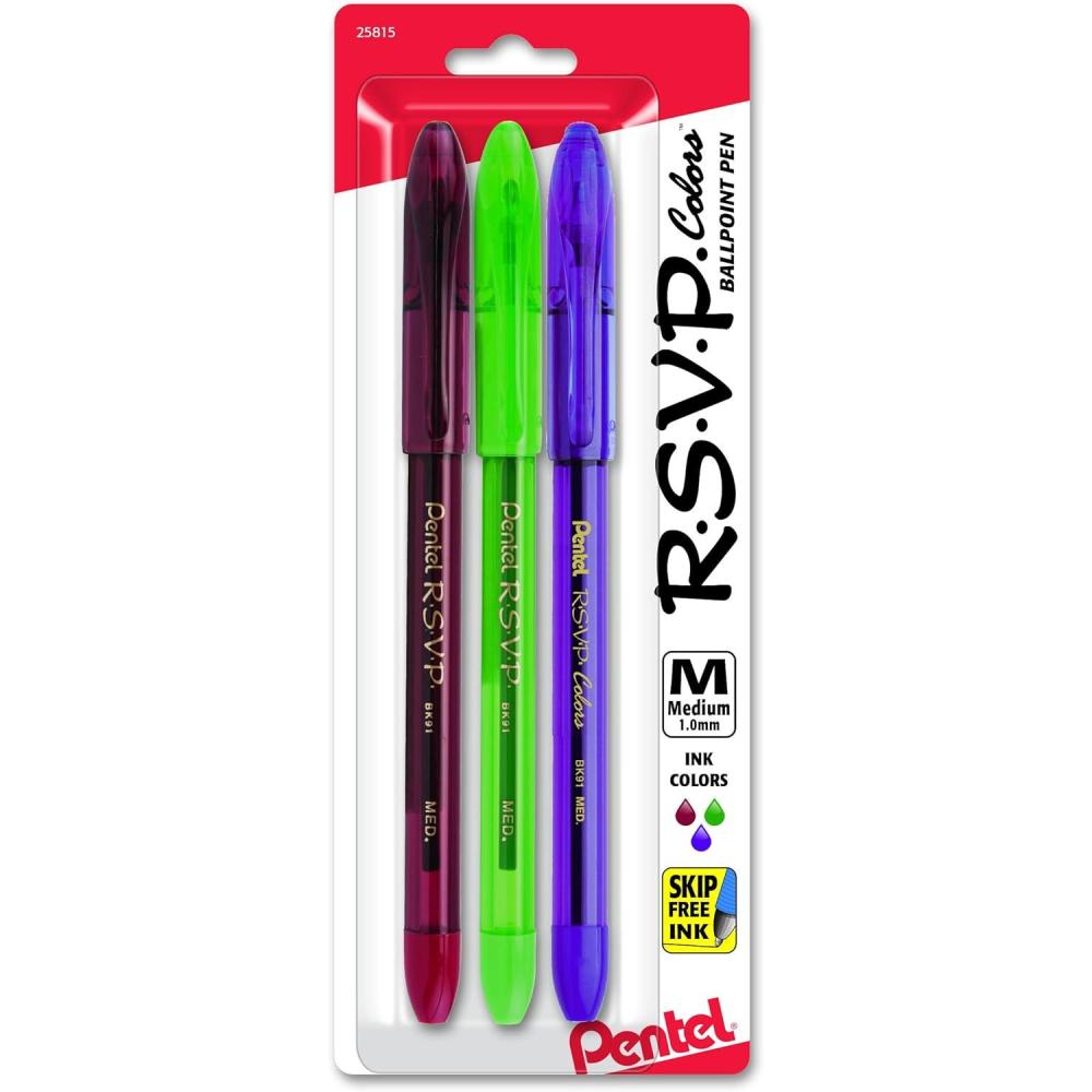 imagePentel RSVP Colors Ballpoint Pen 10mm Medium Line Violet Ink 5 Pack BK91CRBP5V  BlackAssorted