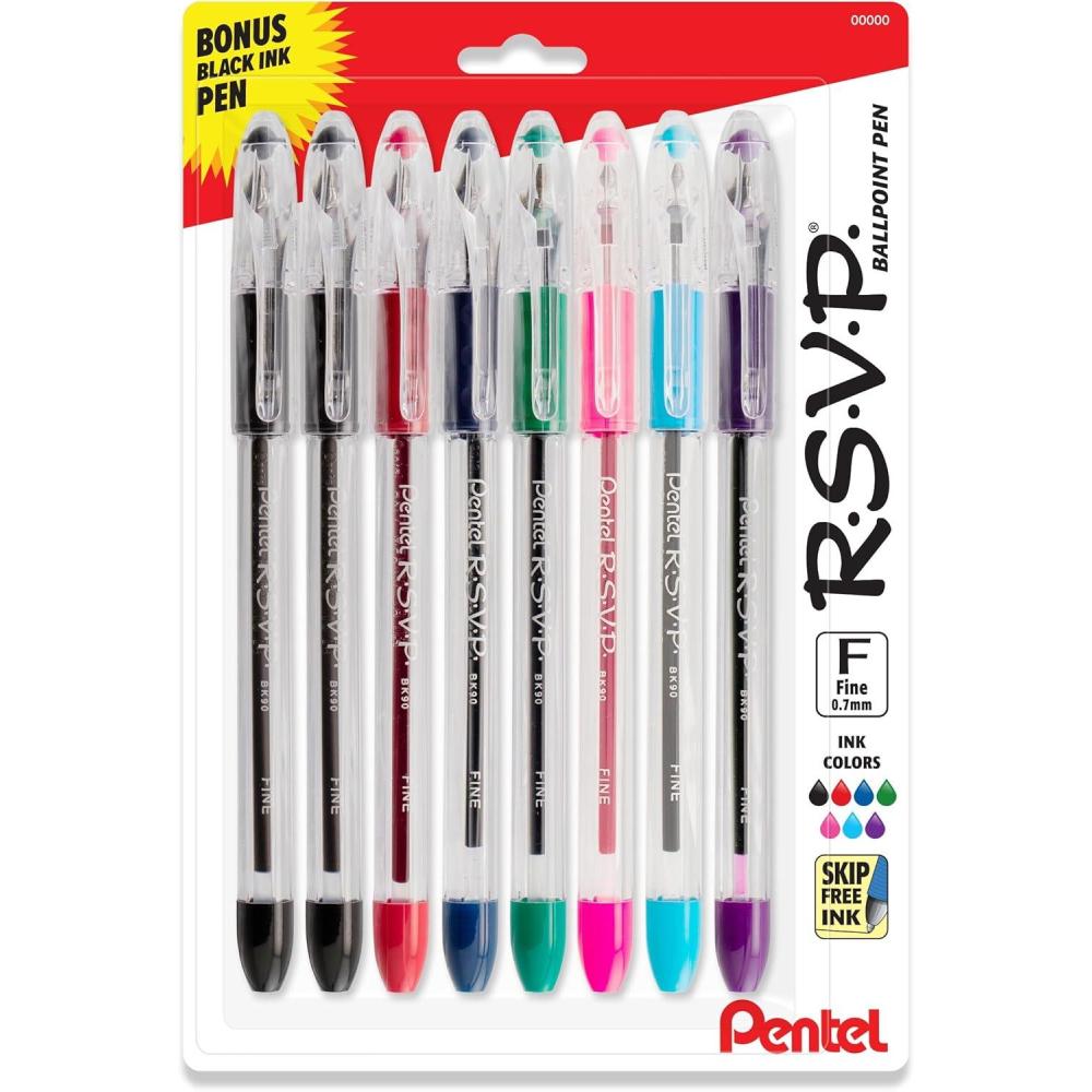 imagePentel RSVP Original Ballpoint Pen 07mm Fine Line Assorted Ink Colors Clear Barrel 8 Pack with Bonus Black Ink Pen