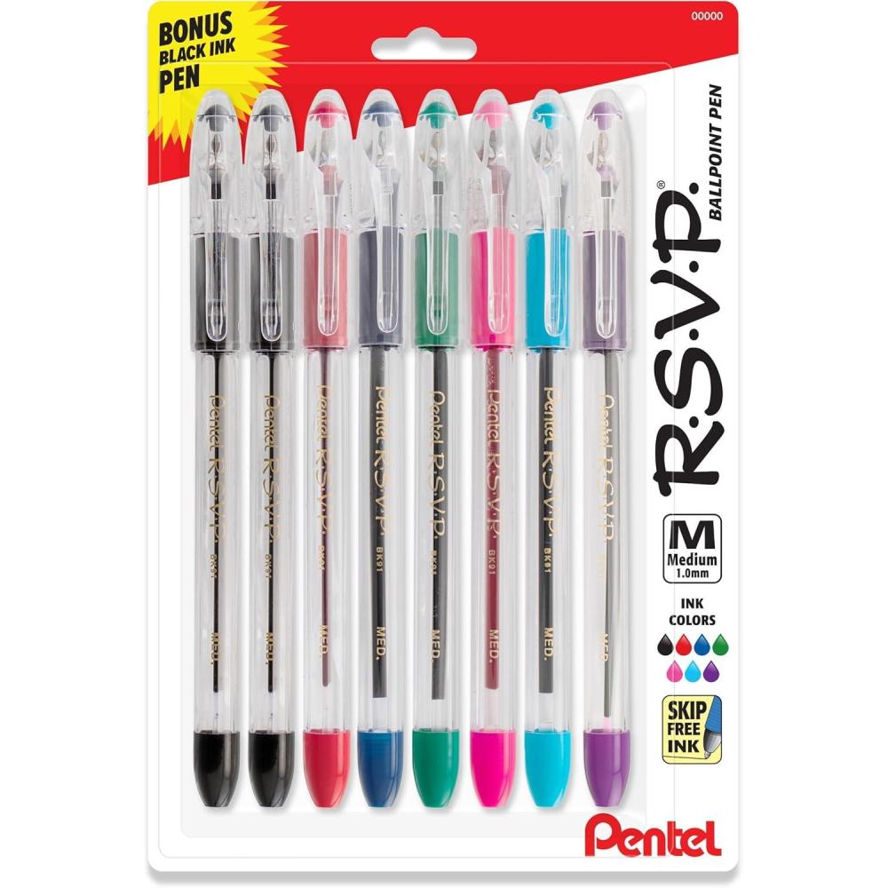 imagePentel RSVP Original Ballpoint Pen 10mm Medium Line Assorted Ink Colors Clear Barrel 8 Pack with Bonus Black Ink Pen