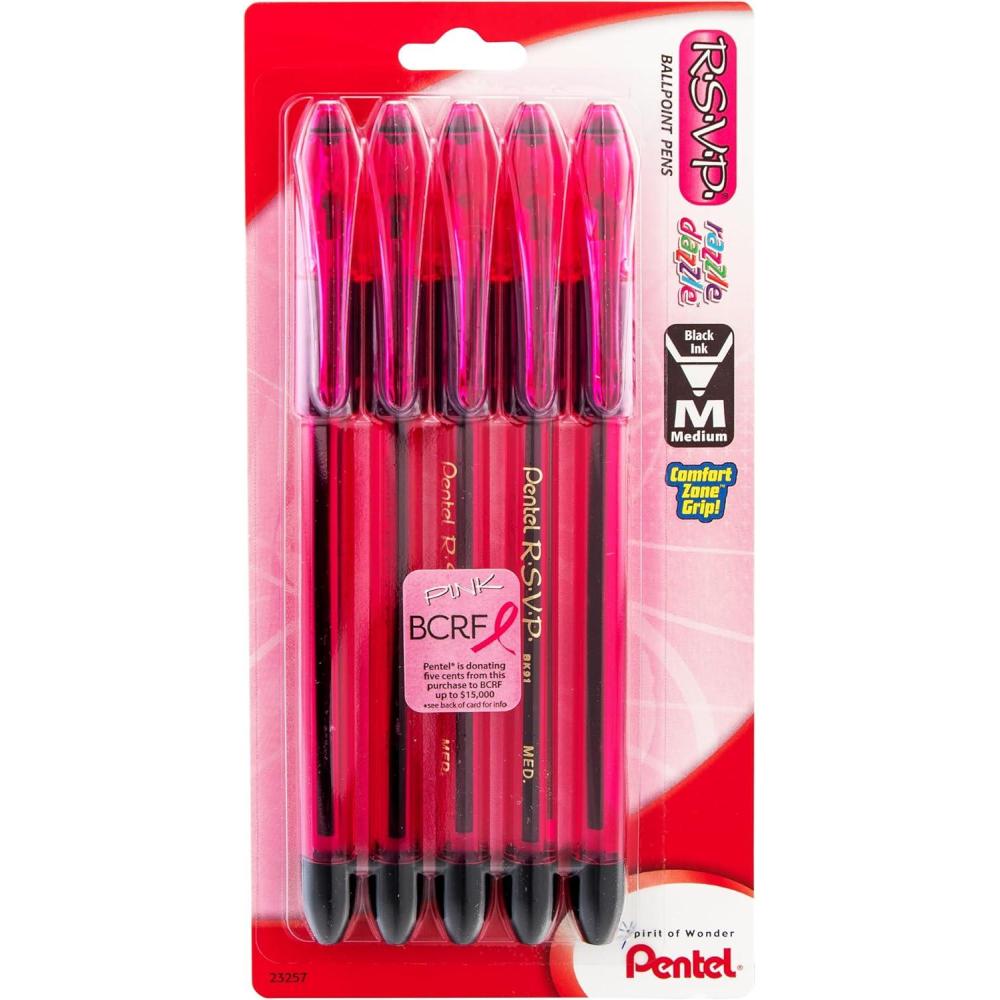 imagePentel RSVP RazzleDazzle Ballpoint Pen 10mm Medium Line Black Ink Pack of 5 BK91RDBP5MPink
