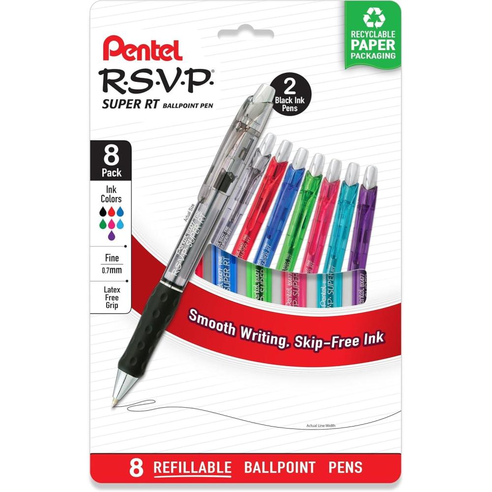 imagePentel RSVP Super RT Ballpoint Pen 07mm Fine Line Assorted Ink Colors 8 Pack with Bonus Black Ink Pen