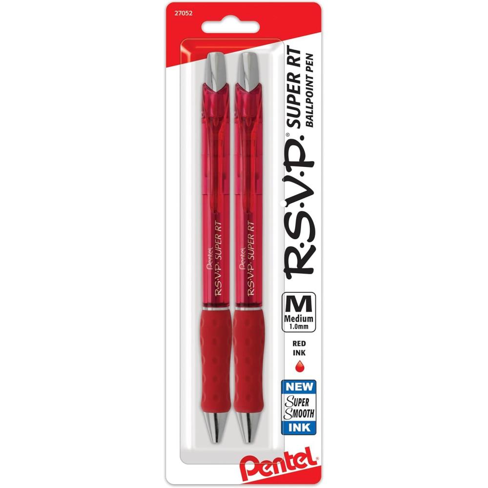 imagePentel RSVP Super RT Ballpoint Pen 10mm Medium Line Blue Ink 2Pk  BX480BP2CRed
