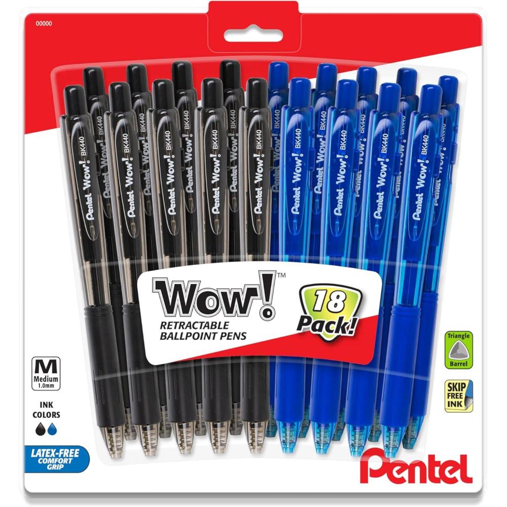 imagePentel WOW 10mm Medium Point Triangle Pens Pack of 18 9 Black ampamp 9 Blue Retractable Ballpoint Pen Model Wow Bk440