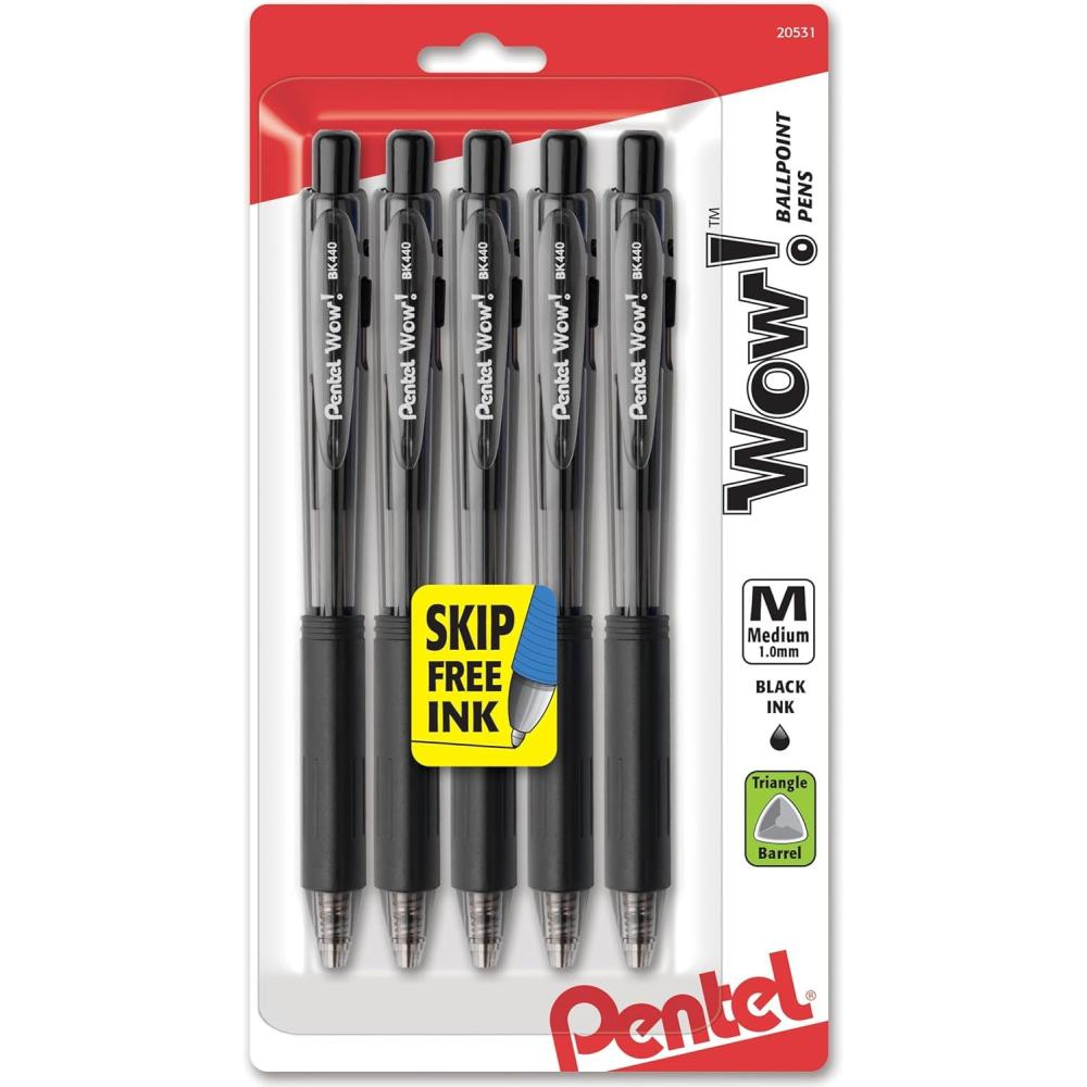 imagePentel WOW Retractable Ballpoint Pens Medium Line Black Ink 5 Pack BK440BP5A5 Count Pack of 1