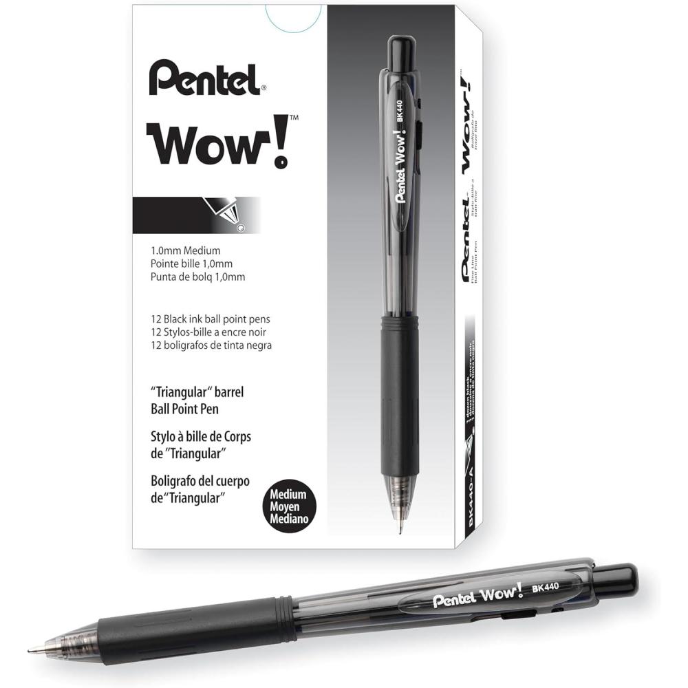 imagePentel WOW Retractable Ballpoint Pens Medium Point 10 mm Transparent Black Barrels Black Ink Pack Of 12Black