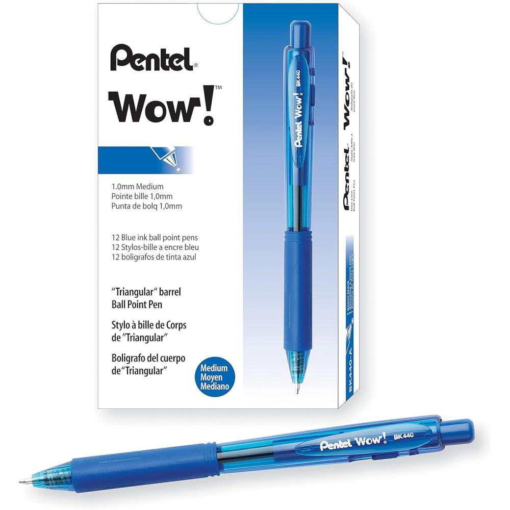 imagePentel WOW Retractable Ballpoint Pens Medium Point 10 mm Transparent Blue Barrels Blue Ink Pack Of 12