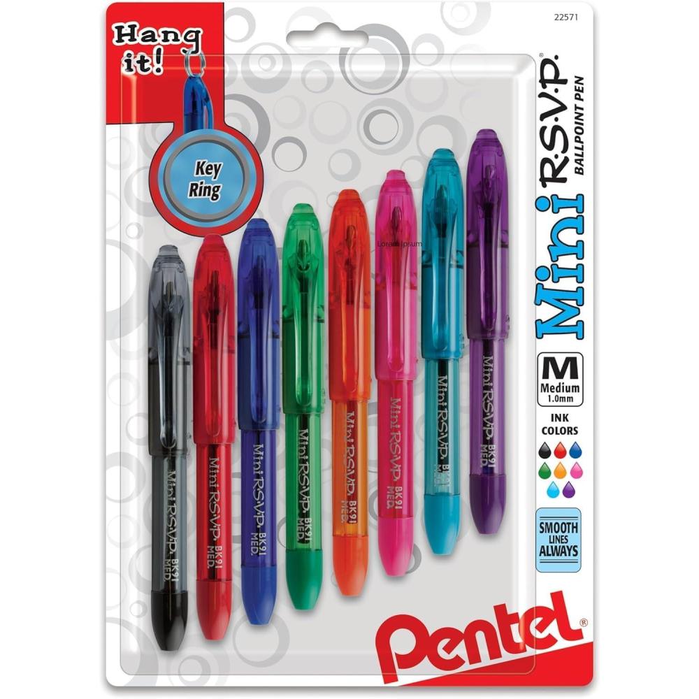 imageRSVP Mini Ballpoint Pen 10mm Medium Line Assorted Ink Colors wKey Ring 8 Pack