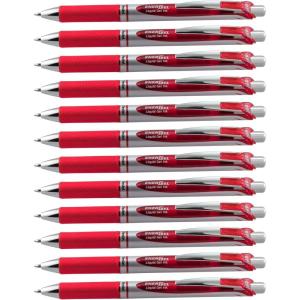 Pentel EnerGel Deluxe RTX Gel Pen, Medium Metal Tip, Red/Silver Barrel, Red Ink, Box of 12 (BL77-B)