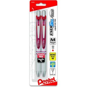 Pentel EnerGel Pearl RTX Retractable Liquid Gel Pen, (0.7mm), Medium Line, Needle Tip, Black Ink, Pack of 2 (BLN77WBP2A)(Red)