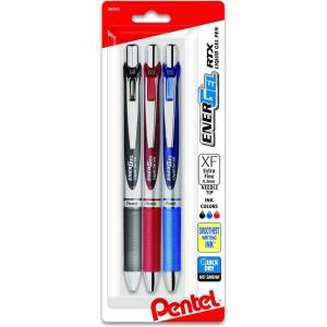 Pentel® EnerGel RTX Pens, 0.3 mm, Needle Point, Black Ink, Pack Of 3(Assorted)